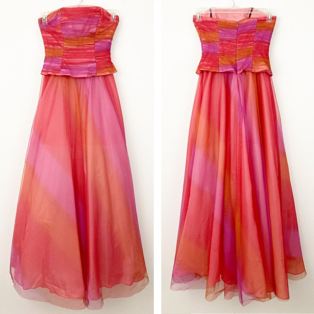 Delaru Pink Orange Strapless Ruched Tulle Maxi Dress Size 5/6 Prom Formal Y2K